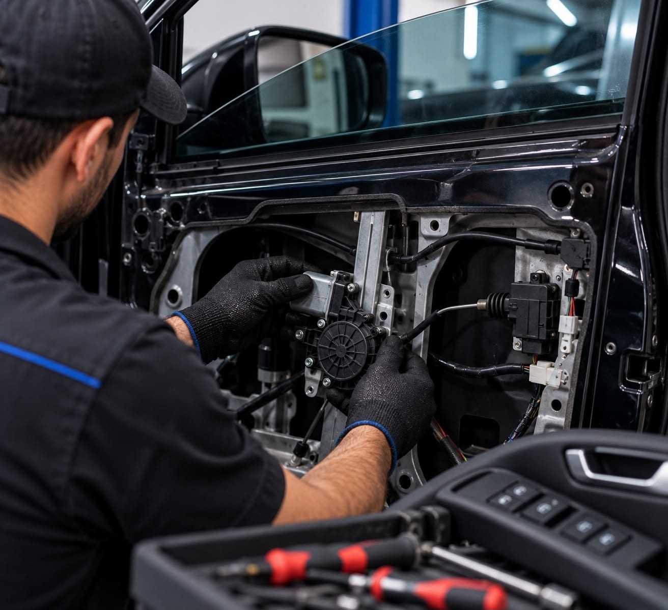 Reparo de máquina de vidro elétrico na porta de um carro