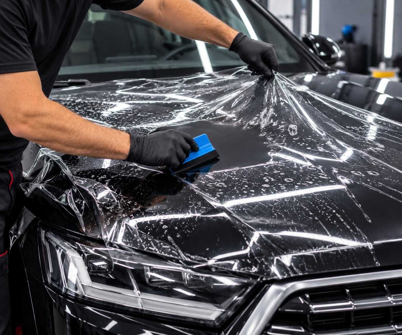 Aplicação de PPF, filme transparente de proteção, no capô de um carro