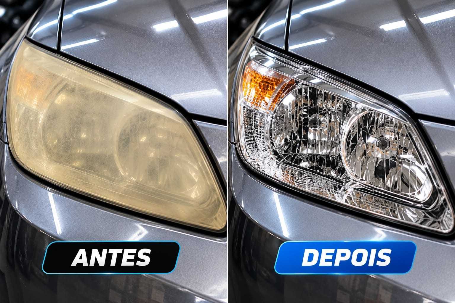 Farol de carro antes amarelado e depois restaurado e transparente